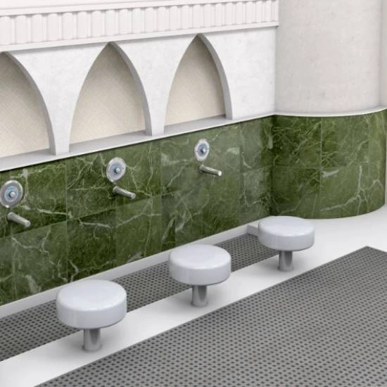 Wudu Area with ablution mat green tiles stools.