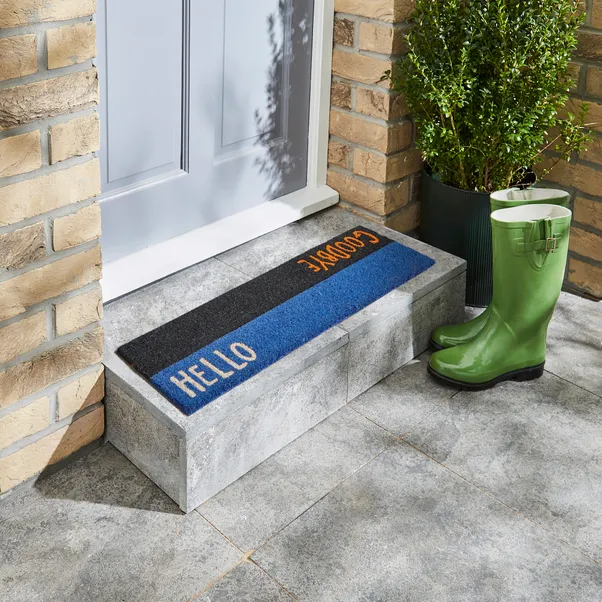 rectangular coir doormat with HELLO printed on it.