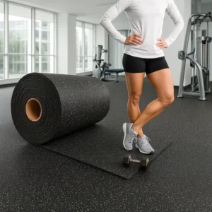 A black speckled gym flooring roll Dubai