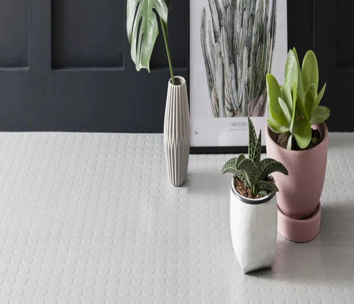 Indoor light gray coin-pattern rubber flooring and plants