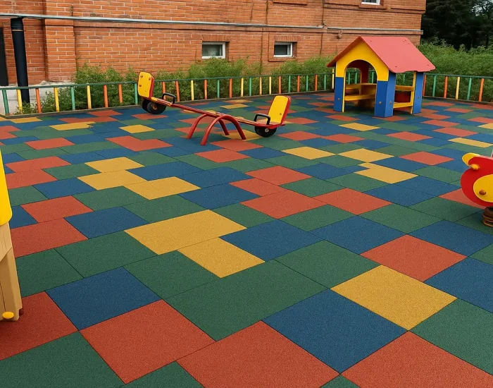 playground with multi-colored, interlocking rubber floor tiles
