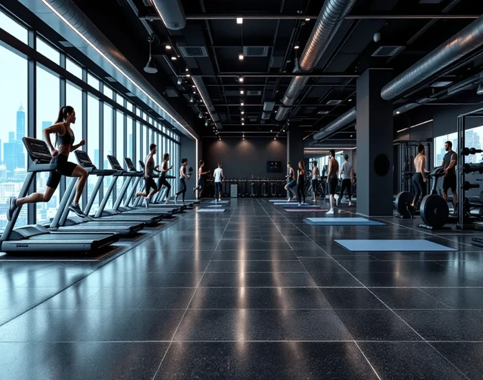 sleek, modern gym with dark tiled flooring