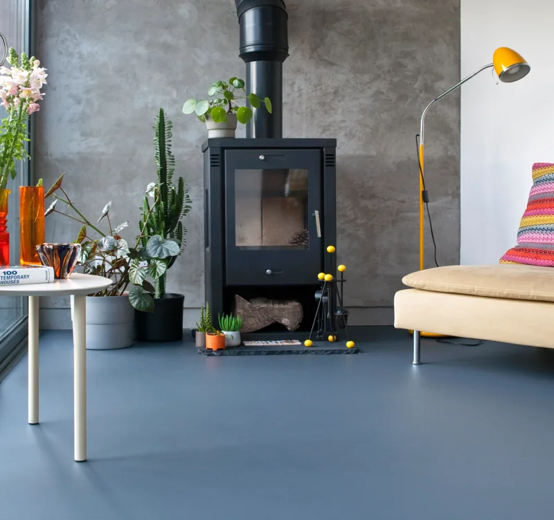 Matte blue rubber sheet flooring in modern living room