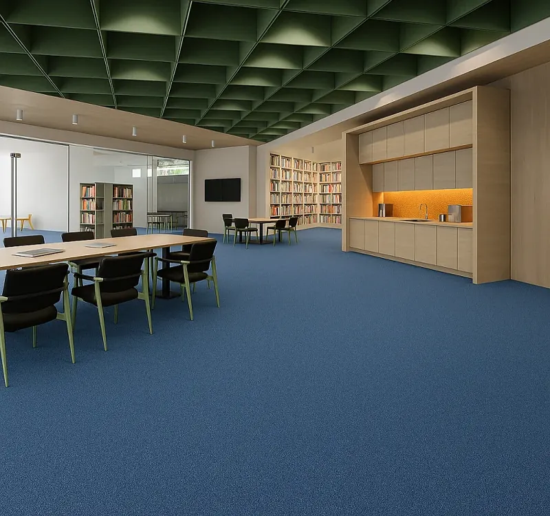 blue speckled rubber flooring in library