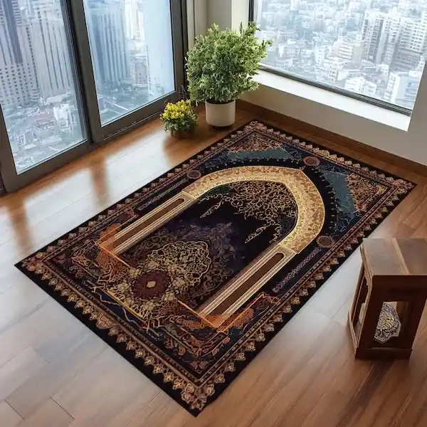 Luxury prayer mat with intricate patterns, set in a modern apartment.