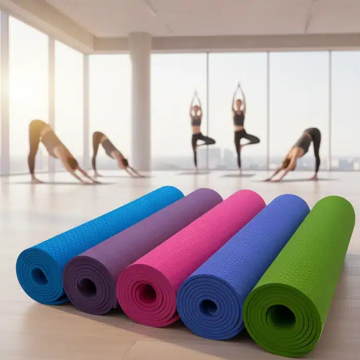 Rolled colorful yoga mats in yoga studio